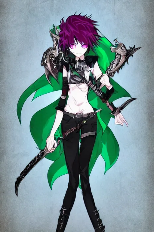 Prompt: name : rose gender : female race : human clothes : jeans and a black shirt weapon : sword special power : healing eye color : green hair color & style : short, spiky body type : slender.