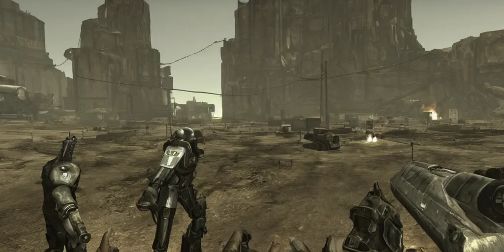 Image similar to patrol of brotherhood of steel from fallout : new vegas game ahead of large bunker gate