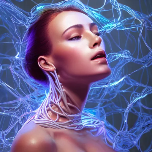 Image similar to a highly detailed digital image of an elegantly posed futuristic woman beautifully intertwined in chromatic liquid like leaves, full body shot ,matte white background by Andrew Chiampo, artstation, and Frederik Heyman, extremely detailed woman, stunning volumetric lighting, hyper realism, fantasy 4k