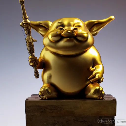 Prompt: a happy cute chubby Lucky Golden Goblin statue, fat lucky god, bright art masterpiece artstation. hyper details, golden smooth material, sculpted by Alex Alice, Craig Mullins, yoji shinkawa, trending on artstation, beautifully lit, Peter mohrbacher, hyper detailed, insane details, intricate, elite, elegant, luxury, glittering light, CGsociety, hypermaximalist, golden ratio, treasure background, volumetric, octane render, weta digital, micro details, 3d sculpture