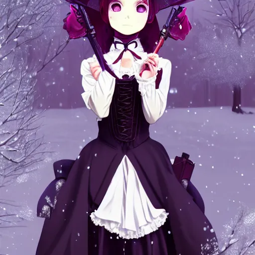 Prompt: wearing full clothing in full clothing victorian dress, beautiful anime woman, purple hair, red eyes, weapon, steampunk, symmetrical face, symmetrical eyes, full round face, short smile, detailed, winter setting, cinematic lighting, medium shot, mid - shot, makoto shinkai, artgerm, ilya kuvshinov, loish