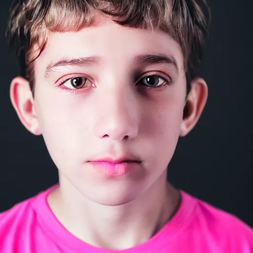 Prompt: closeup portrait of 8 year old boy, thick lips, hot pink skin, thin eyebrows, short light brown hair, facebook post, black background