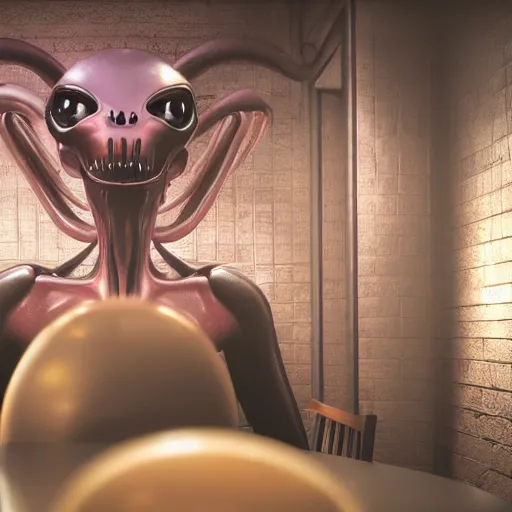 Image similar to spooky alien inside a restaurant, photorealistic ultra high resolution, ultra detailed, ray tracing, octane