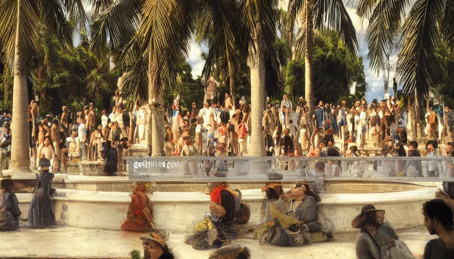 Image similar to a ultradetailed beautiful painting of hundreds of people around an old fountain in the amazonas palace balustrade designed by jules bastien - lepage, tarsila do amaral, frank weston and gustave baumann, beach, trending on artstation, mediterranean, palm trees, sharp focus, soft light, 8 k 4 k