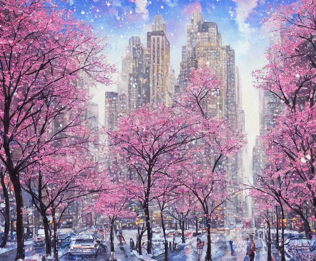 Image similar to anime painting of downtown new york city, sakura trees, cherry blossom petals, light snow