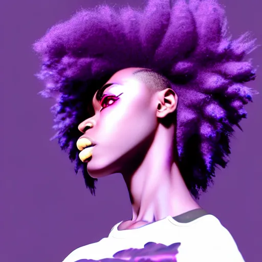 Image similar to portrait of black anime manga girl, boxer punch pose, french bob hair, white hair, wearing camo, purple eyes, by gustave dore, vaporwave colors, lofi colors, vaporwave, lofi, goth vibe, 4 k, smooth, hd, substance designer render, full body character concept art, symmetrical, 2 point lighting,