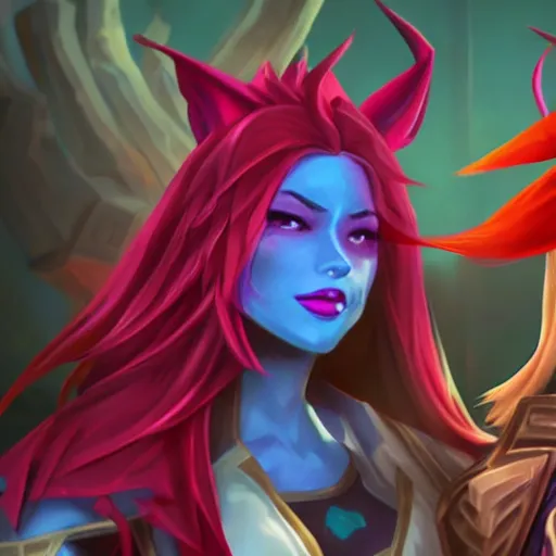 Image similar to league of legends, xayah and kai'sa pose together, best friends, funny, flirty, smiling, photo