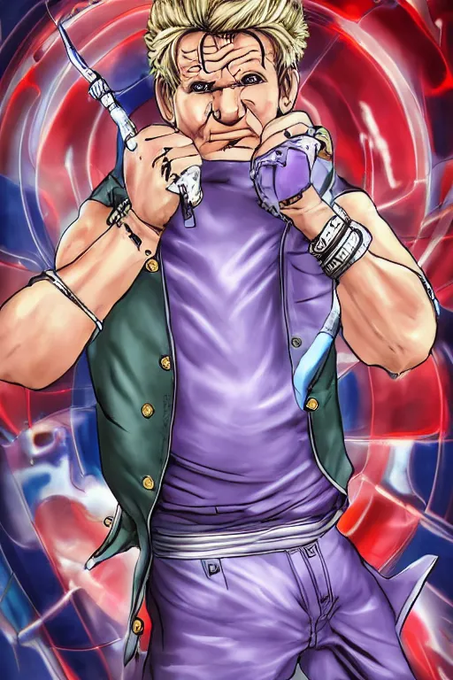 Prompt: Gordon Ramsay as a Jojo's Bizarre Adventure character, digital art by Hirohiko Araki