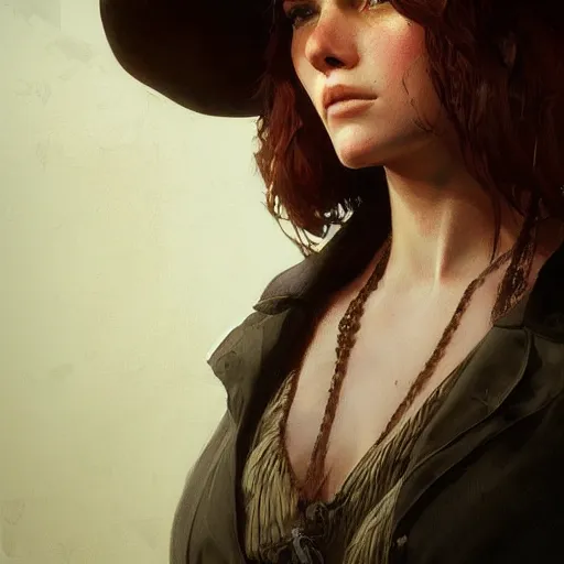 Prompt: A young russian woman as a Red dead redemption 2 loading screen, very detailed face, gorgeous, beautiful, intricate, highly detailed, digital painting, artstation, concept art, sharp focus, illustration, art by greg rutkowski and alphonse mucha