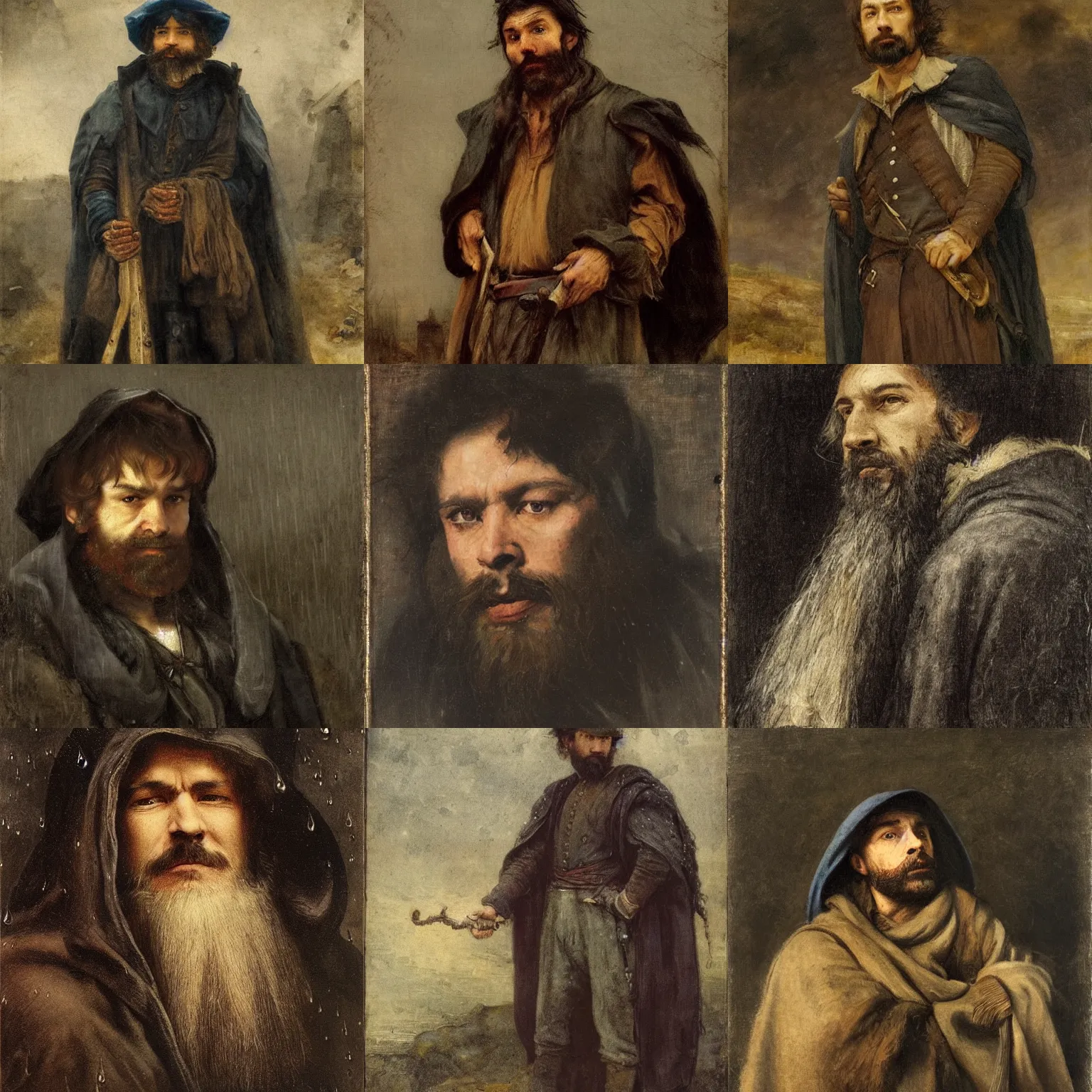 Prompt: a young, downbeat 19th century wanderer with a brown beard, dressed in a gray, worn traveling cloak, who looks like Lee Evans. heavy raining, blue tones, darkness, highly detailed, realistic, portait by Jan Matejko