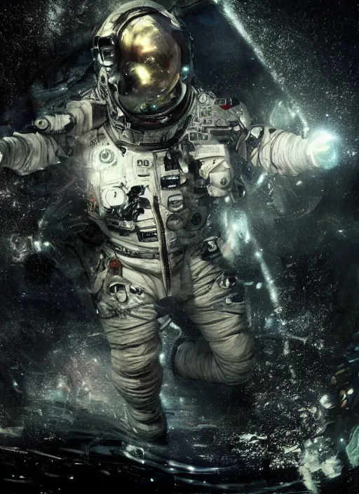 Prompt: complex poster art by craig mullins astronaut in futuristic dark and empty spaceship underwater. infrared glowing lights. complex and hyperdetailed technical suit. reflection and dispersion materials. rays and dispersion of light. volumetric light. 5 0 mm, f / 3 2. noise film photo. flash photography. unreal engine 4, octane render. interstellar movie poster