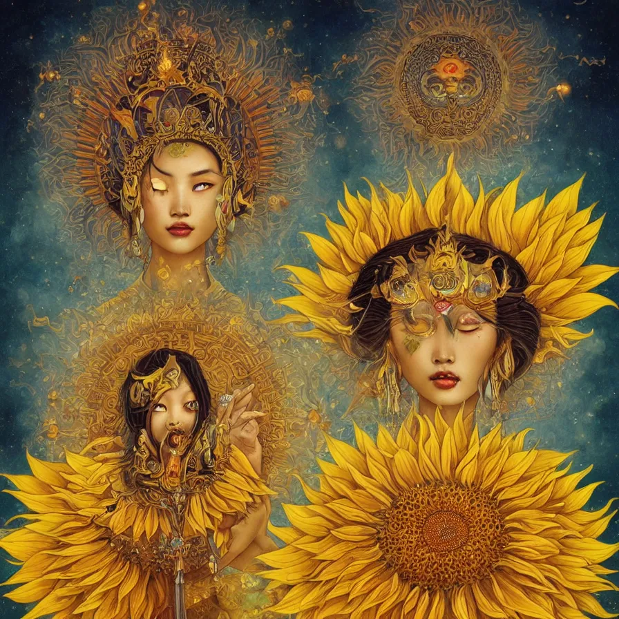 Prompt: The Chinese goddess of sunflower, who has a glowing third-eye and an helianthus-shaped golden crown, and presides over the rays of the sun with her sacred vision, by Anato Finnstark, Tom Bagshaw, Brom