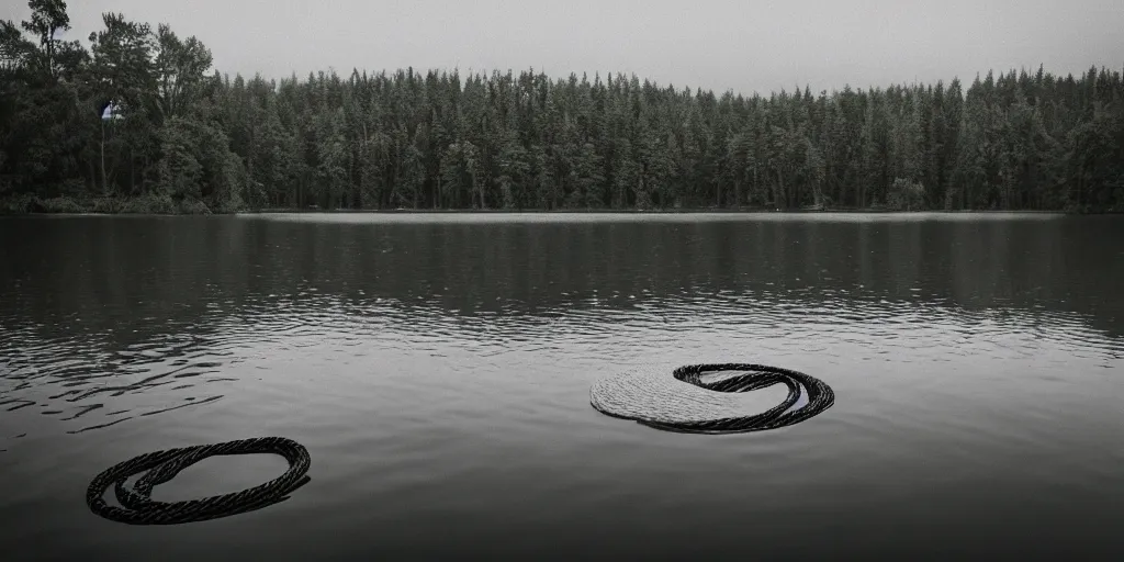 Image similar to centered photograph of a long rope snaking across the surface of the water, floating submerged rope stretching out towards the center of the lake, a dark lake on a cloudy day, mood, trees in the background, hyperedetailed photo, anamorphic lens