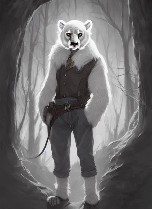 Image similar to beautiful portrait commission of a male furry anthro!!! albino mountain lion wearing old-timey miner's clothes. Atmospheric. Character design by charlie bowater, ross tran, artgerm, and makoto shinkai, detailed, inked, western comic book art