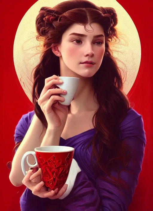 Image similar to perfectly - centered - portrait of a beautiful lady drinking red cup coffee, intricate, highly detailed, digital painting, artstation, concept art, smooth, sharp focus, illustration, unreal engine 5, 8 k, art by artgerm and greg rutkowski and alphonse mucha