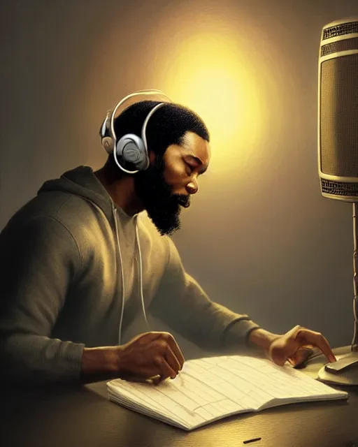 Image similar to light skin black man with headphones at his home studio producing music late at night, very detailed, 4 k, concept art like ernest khalimov, intricate details, highly detailed by greg rutkowski, ilya kuvshinov, gaston bussiere, craig mullins, simon bisley