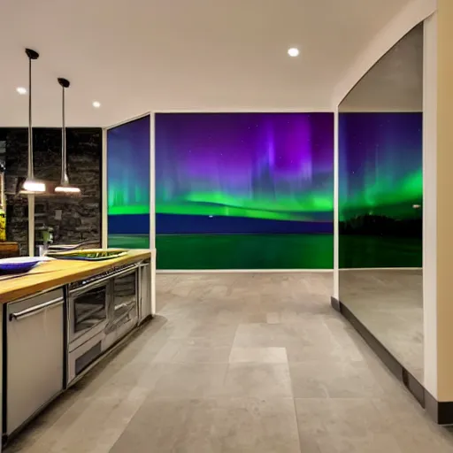 Image similar to Aurora Borealis located entirely within a kitchen.