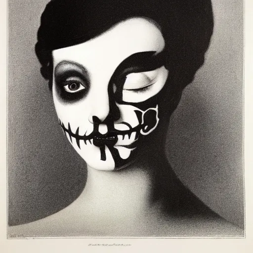 Prompt: portait of a woman wearing black and white skull facepaint by Maxfield Parrish