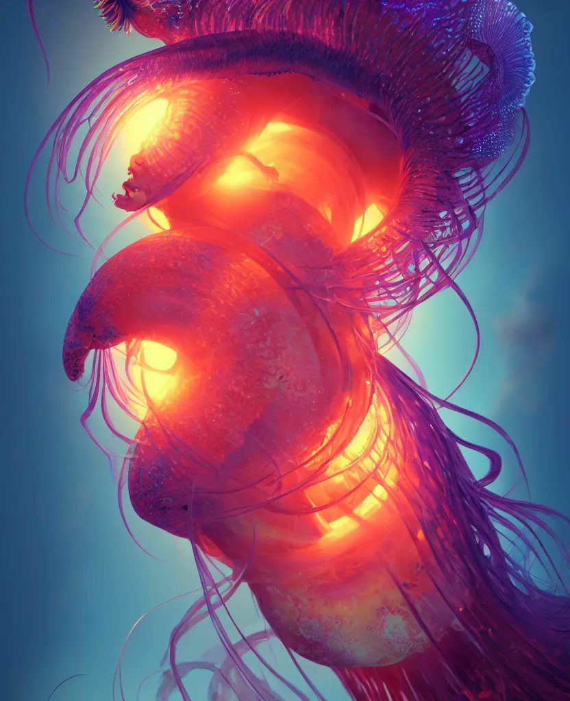 Image similar to goddess close-up portrait. orchid jellyfish phoenix head, nautilus, skull, betta fish, bioluminiscent creatures, intricate artwork by Tooth Wu and wlop and beeple. octane render, trending on artstation, greg rutkowski very coherent symmetrical artwork. cinematic, hyper realism, high detail, octane render, 8k