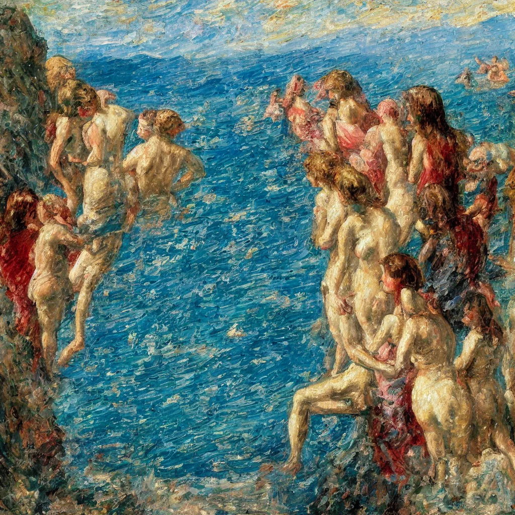 Prompt: 3d high relief painting of lots of girls in the sea at Amalfi, sea level view point painted in the style of the old masters, painterly, thick heavy impasto, expressive impressionist style, painted with a palette knife