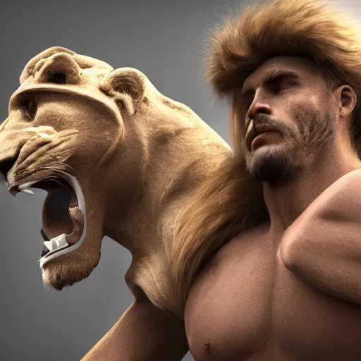 Image similar to a man with a human body and lion head, detailed, 8k, unreal engine 5, smooth, digital art