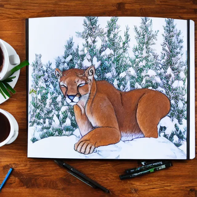 Image similar to magic marker colouring book showing 'a cougar sleeping in the middle of snowy pine tree' laying on coffee table, zoomed out shot, HD,