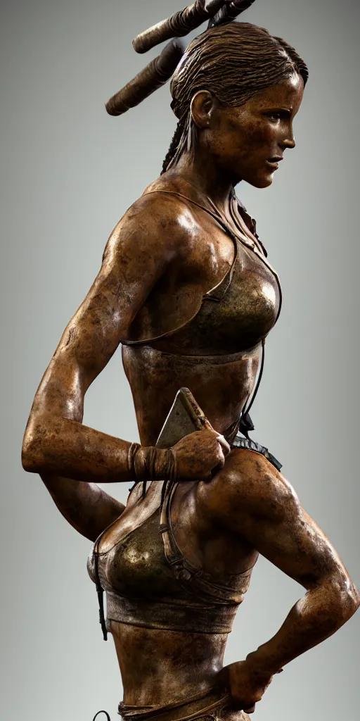 Image similar to detailed photo of an old bronze patina statue of beautiful lara croft, full body portrait, photorealism, various poses, intricate detail, museum diffuse lighting