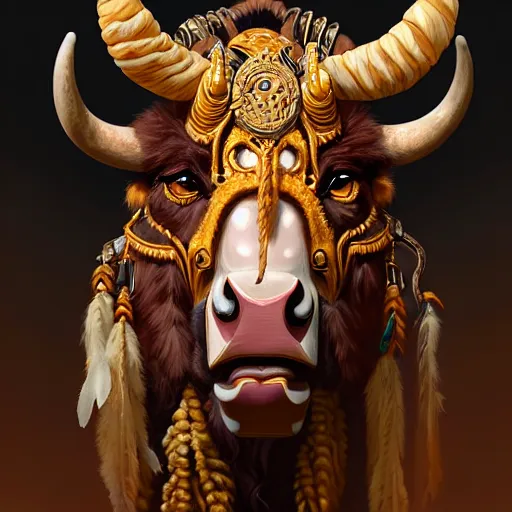 Prompt: Portrait of a Tauren chieftan, golden accents, face, fantasy, intricate, elegant, highly detailed, digital painting, artstation, concept art, smooth, sharp focus, illustration, art by Wei Fan and Fernanda Suarez and Artem Demura and alphonse mucha