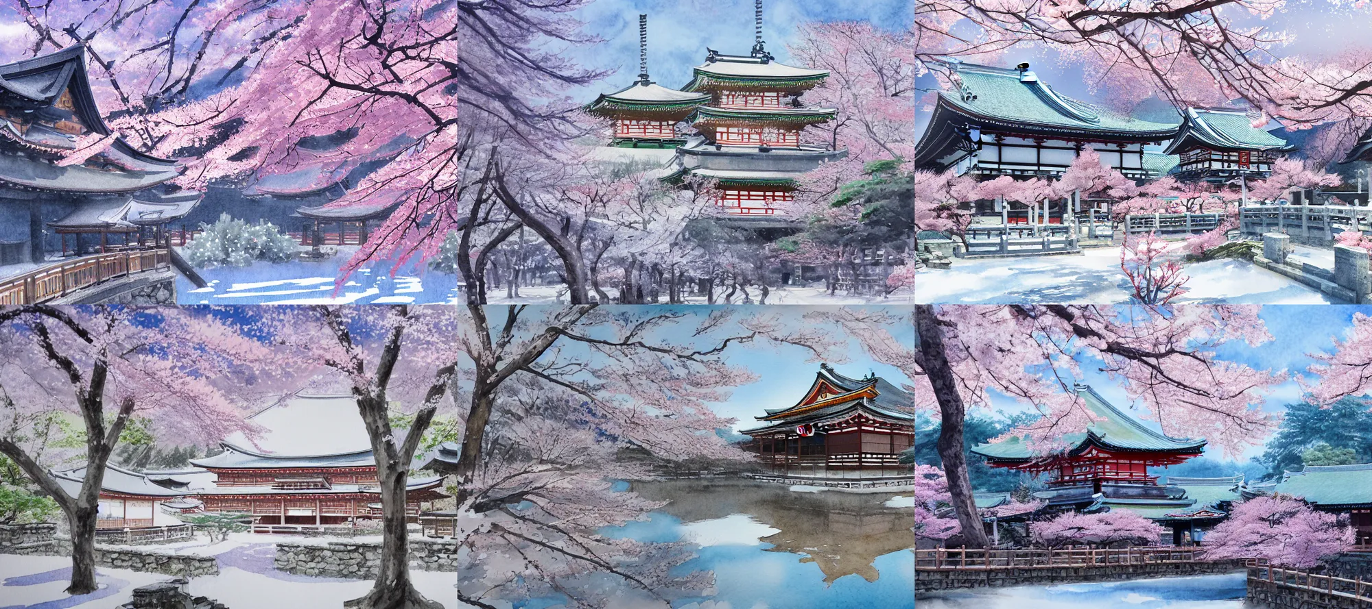 Prompt: japanese 寺 in a 雪 landscape surrounded by 桜, long shot, watercolour painting, 4k, artstation