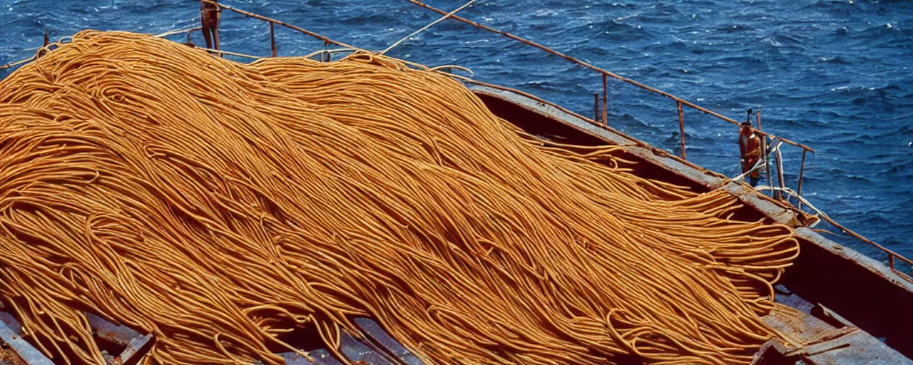 Image similar to a ship carrying a load of spaghetti across the ocean, national geographic, detailed, canon 2 0 mm, wes anderson, kodachrome