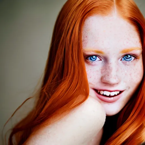 Prompt: a beautiful professional photograph by mario testino of a beautiful and attractive freckled ginger female 1 9 years old fashion model with her smiling and looking at the camera in a flirtatious way, shot, zeiss 5 0 mm f 1. 8 lens with depth of field