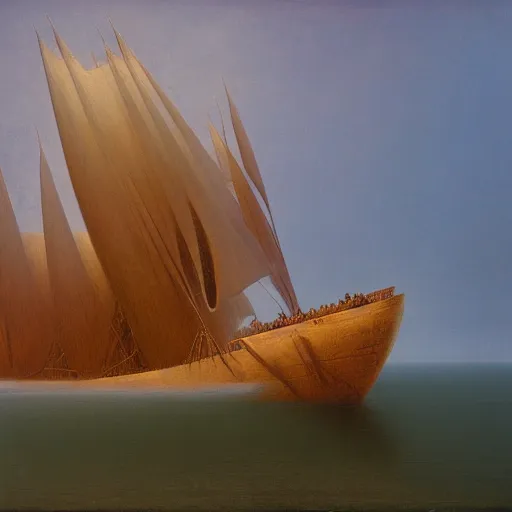 Image similar to a galleon by Zdzisław Beksiński, oil on canvas