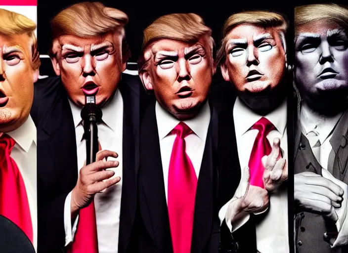 Image similar to donald trump kiss rock band, detailed facial expressions, surrealist aesthetic