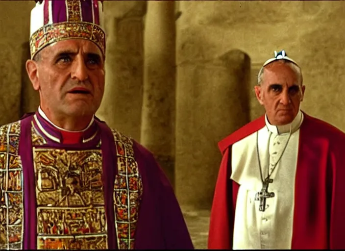 Image similar to a film still of the pope dresses in egyptian style as the faraoh, in the 1 0 commandments ( 1 9 5 6 ), technicolor color