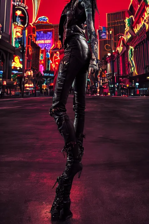 Prompt: full body portrait of a blood punk vampire, background of las vegas strip at night, cinematic, hyper realism, high detail, octane render, 8k, cgsociety