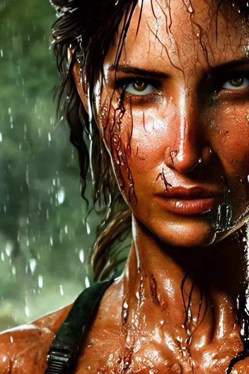 Image similar to a film still of lara croft, close up face, muscular, drenched body, photography, wet dripping hair, emerging from the water