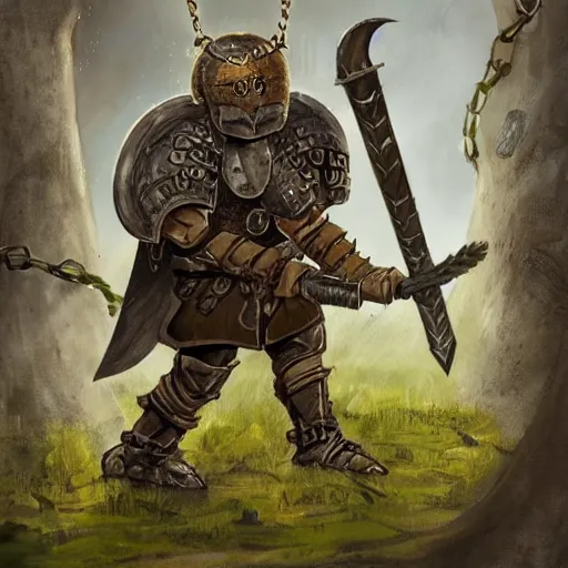 Image similar to d & d, short haired armored bugbear wielding rusty cleaver with chains and a shield, large backpack and and a greatsword wearing mossy rags and a poorly fitted helmet and chestplate