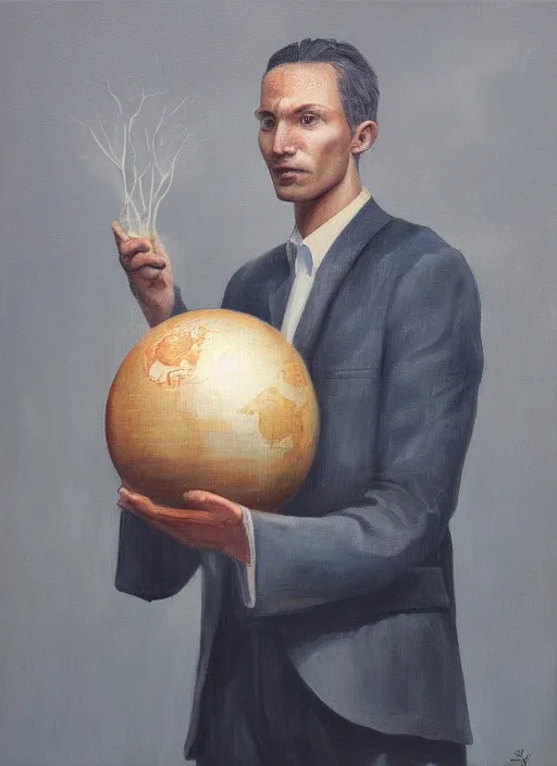 Image similar to a painting of a man holding a globe in his hands, a surrealist painting by Szymon Kot, deviantart, metaphysical painting, oil on canvas, surrealist, dystopian art,