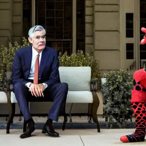 Image similar to Jerome Powell talking with clowns, full body, photo realistic, highly-detailed