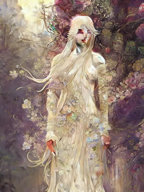 Image similar to Full view Ethereal Floralpunk elysian Maiden of radiant light wearing ivory dress made of stardust masterpiece 4k digital illustration by Ruan Jia and Mandy Jurgens, award winning, Artstation, art nouveau aesthetic, Alphonse Mucha background, intricate details, realistic, panoramic view, Hyperdetailed, 8k resolution, intricate art nouveau