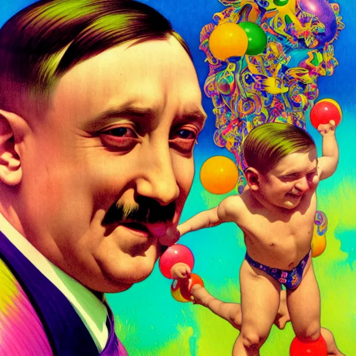 Image similar to bright psychedelic portrait of cute adolf hitler having fun at a pool party, diffuse lighting, fantasy, intricate, elegant, highly detailed, lifelike, photorealistic, digital painting, artstation, illustration, concept art, smooth, sharp focus, art by John Collier and Albert Aublet and Krenz Cushart and Artem Demura and Alphonse Mucha