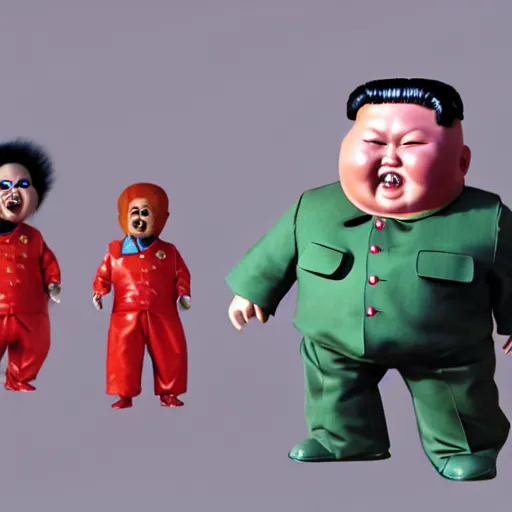 Image similar to kim jong un doll being chased by screaming chucky doll octane render