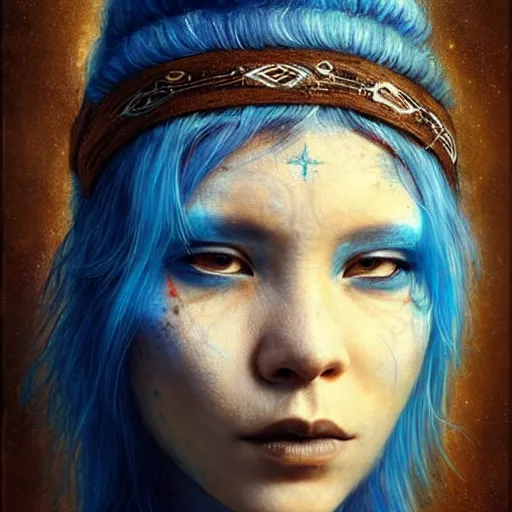 Image similar to A young blindfolded shaman woman with a decorated headband, in the style of heilung, blue hair dreadlocks and wood on her head, atmospheric lighting, intricate detail, cgsociety, ambient light, dynamic lighting, art by karol bak