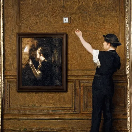 Image similar to a young man and a young woman solving an escape room puzzle, mysterious markings on the wall, by alfred stevens