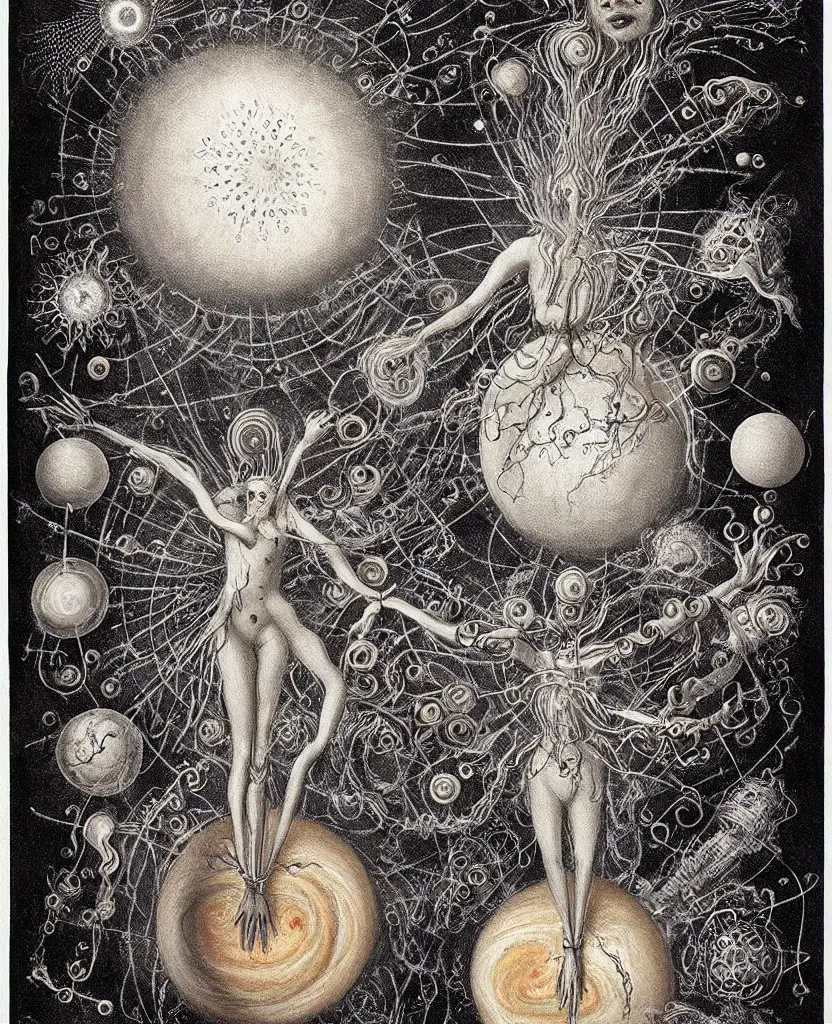 Image similar to whimsical freaky creature sings a unique canto about'as above so below'being ignited by the spirit of haeckel and robert fludd, breakthrough is iminent, glory be to the magic within, in honor of jupiter, painted by ronny khalil