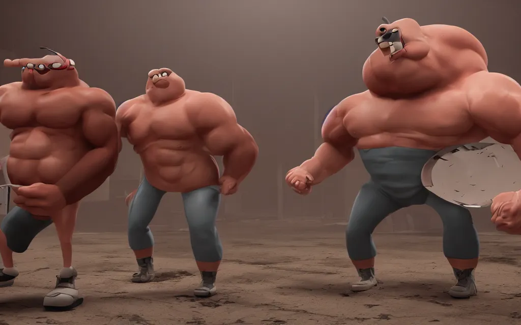 Image similar to muscle man from regular show, atmospheric, mist, epic, photorealistic, realistic, rule of thirds, extremely detailed, 4 k, 8 k, unreal engine 5 render, rim lighting, rtx, ray traced lighting, shot on 3 5 mm, film grain