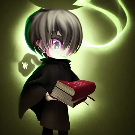 Image similar to cute fumo plush of a boy holding a book of forbidden spellcasting, eerie glow, black and white, green lighting and shadow, tendrils, vray