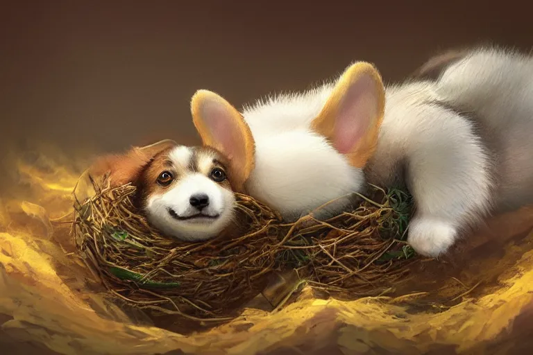 Prompt: a baby corgi crawling out of an egg laying in a nest, fantasy art, oil painting, concept art, 4 k, extremely detailed, realistic,