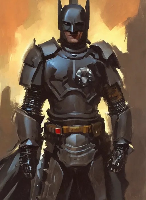 Prompt: a highly detailed portrait of dark knight as a paladin with futuristic dieselpunk armour, fantasy, by gregory manchess, james gurney, james jean
