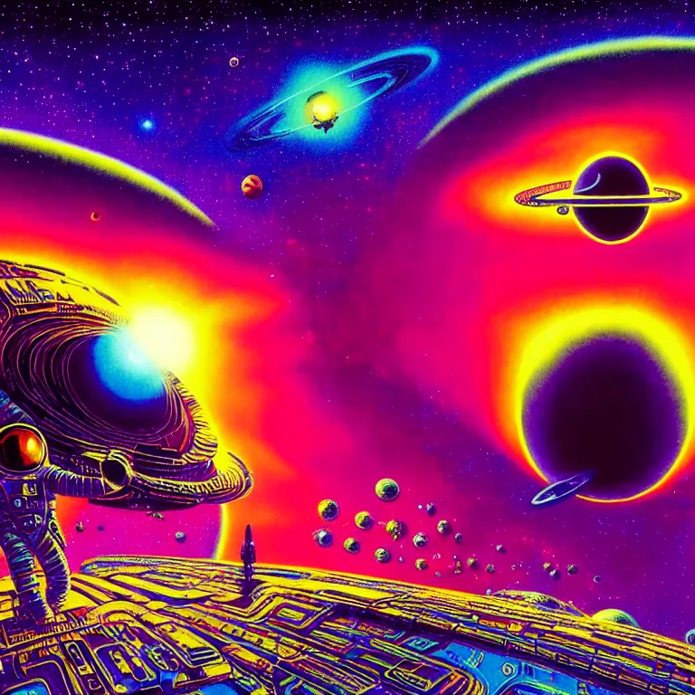 Prompt: astronaut hovering over infinite blackhole, quantum waves, synthwave, bright neon colors, highly detailed, cinematic, tim white, philippe druillet, roger dean, ernst haeckel, lisa frank, michael whelan, kubrick, kimura, isono